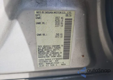 2016 Nissan Altima 2.5 Sv из США, поврежденный, VIN 1N4AL3APXGC279609